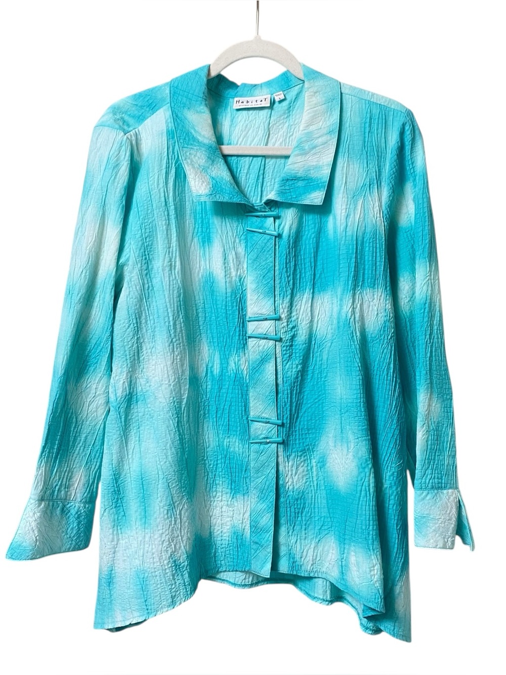 Habitat teal white tie dye pucker crinkle gauzy summer coastal tunic blouse L
